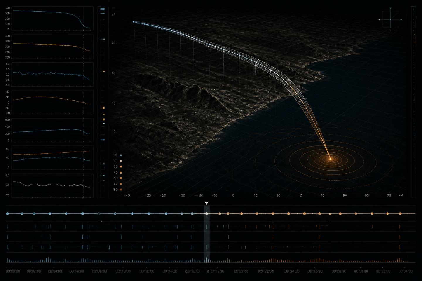 SeyAero reconstruction view: fitted flight trajectory over terrain and sea, wreckage probability contours, parameter traces and a synchronised master timeline